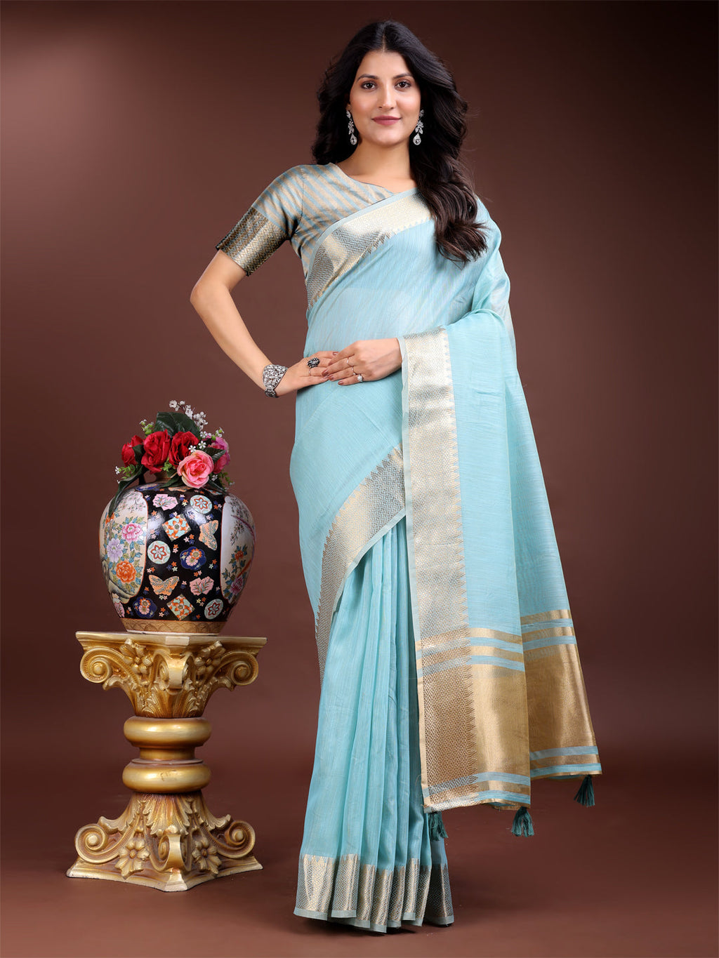 Sky Blue Cotton Ready-to-Wear Saree with Golden Border