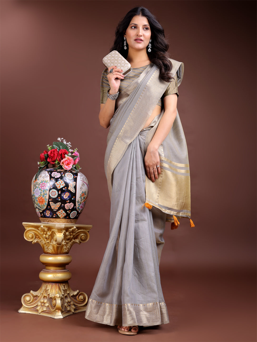 Grey cotton ready-to-wear saree with gold borders