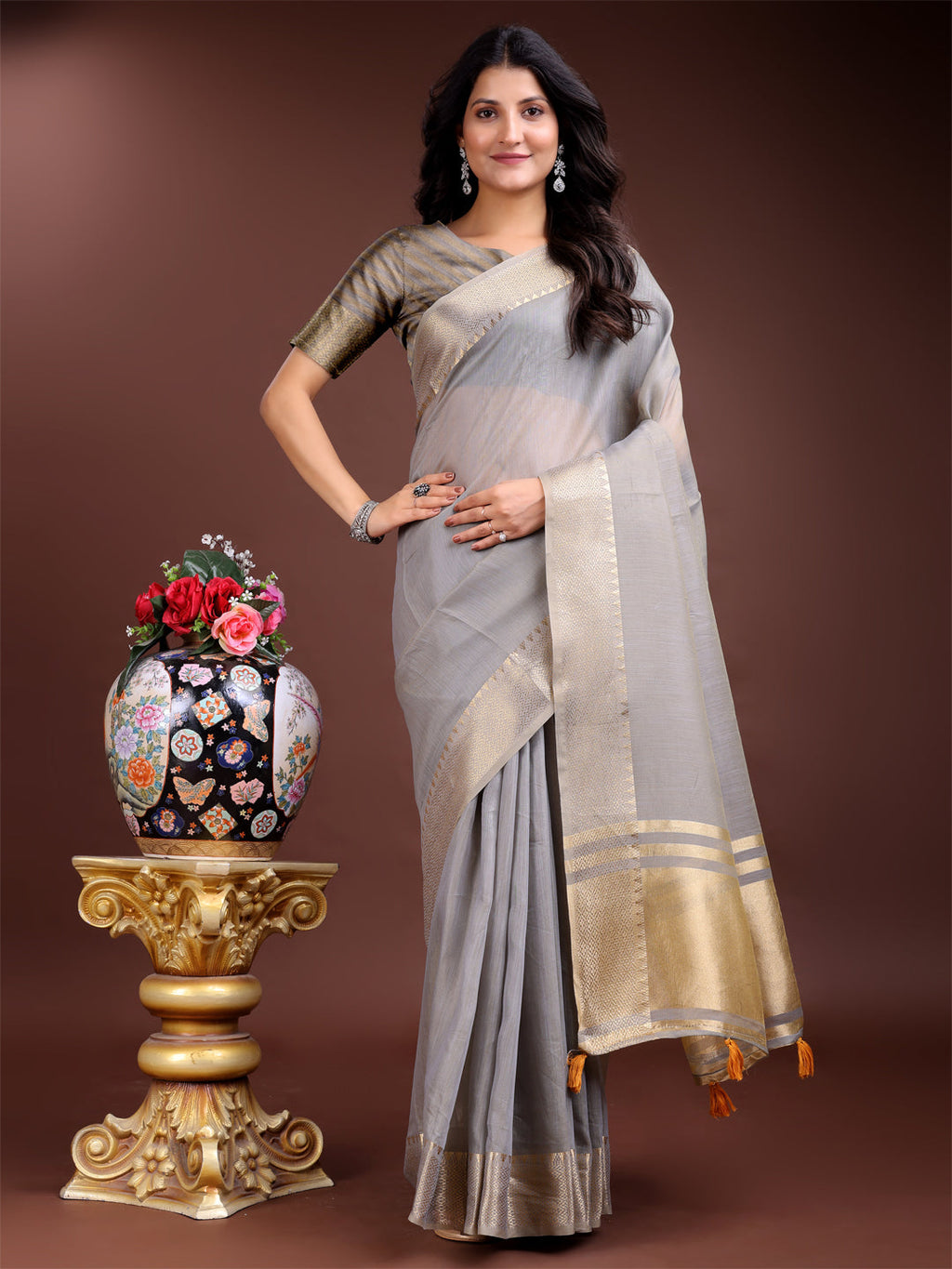 Grey Gold Cotton Ready-to-Wear Saree with Golden Borders