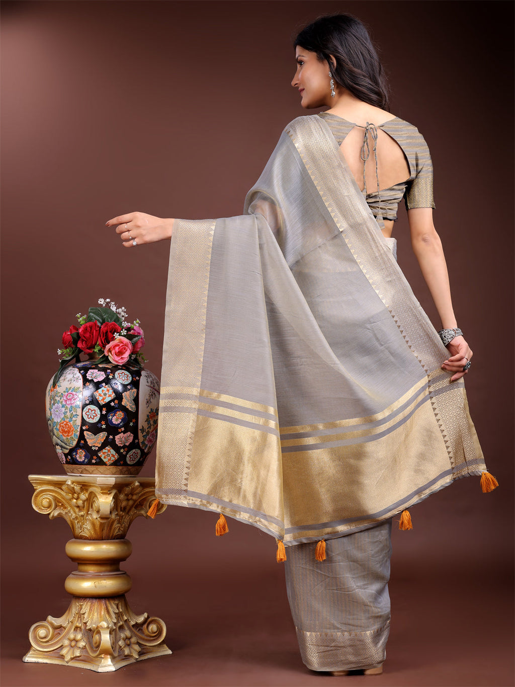 Grey Gold Cotton Ready-to-Wear Saree with Golden Borders