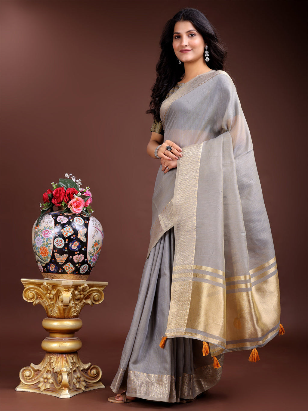 Grey Gold Cotton Ready-to-Wear Saree with Golden Borders