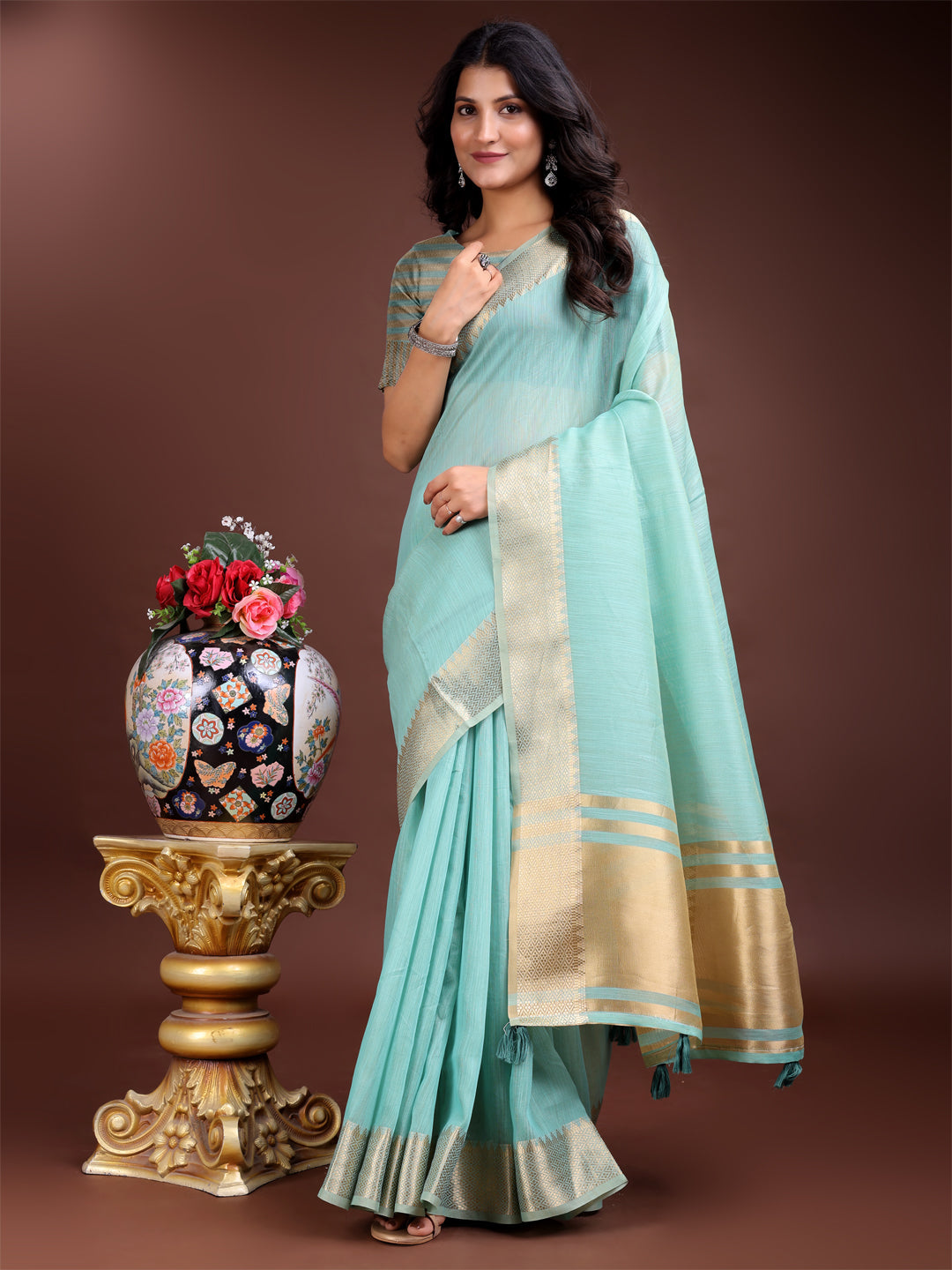 Sea Green Gold Cotton Ready-to-Wear Saree with Golden Border