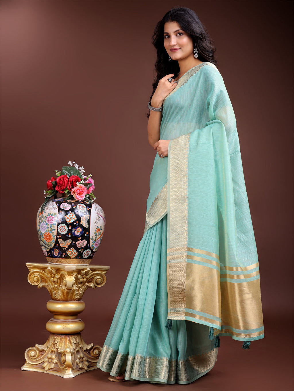 Sea Green Gold Cotton Ready-to-Wear Saree with Golden Border
