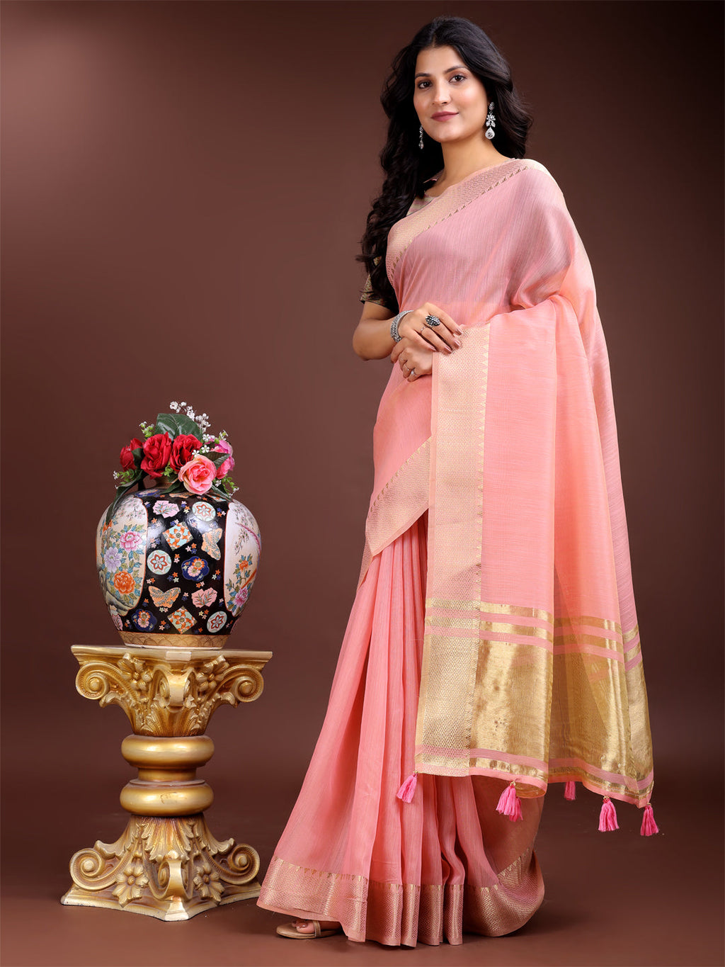 Pink Ready-to-Wear Cotton Saree with Golden Border