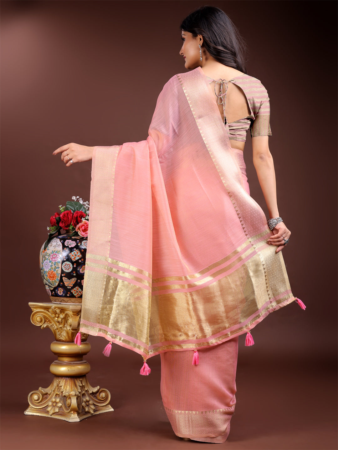Pink Ready-to-Wear Cotton Saree with Golden Border