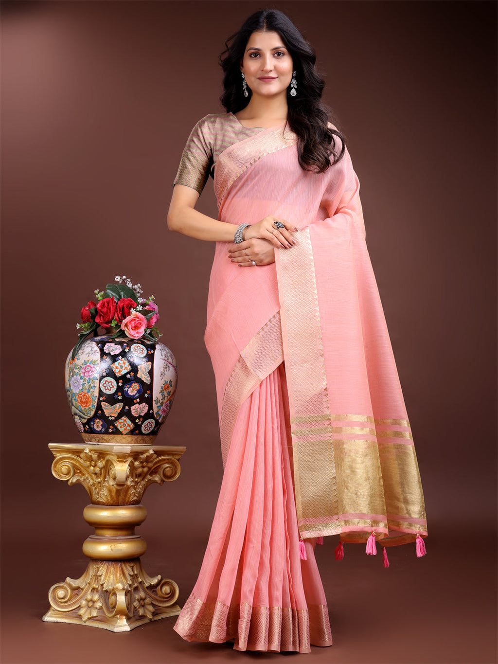 Pink Ready-to-Wear Cotton Saree with Golden Border