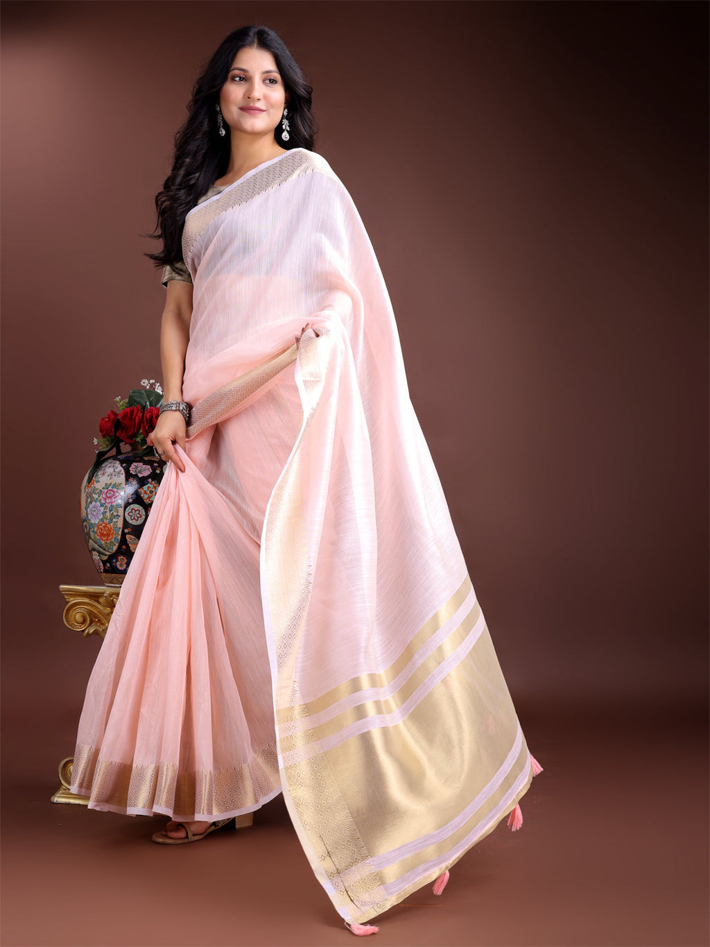 Light pink cotton ready-to-wear saree with elegant golden border detailing
