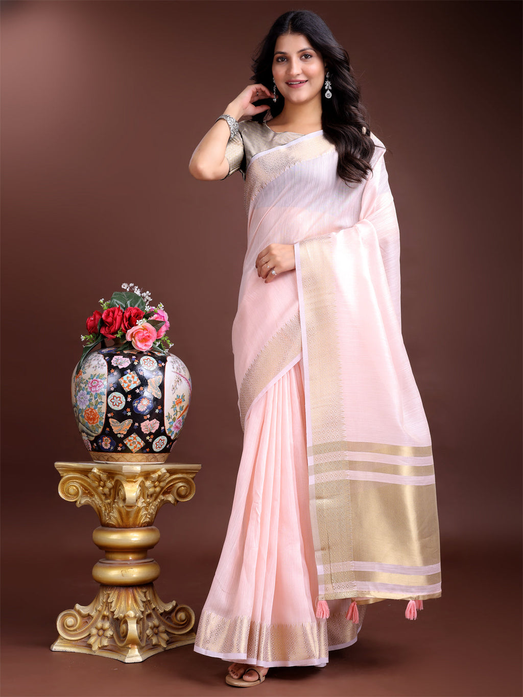 Light Pink Gold Cotton Ready-to-Wear Saree for Women