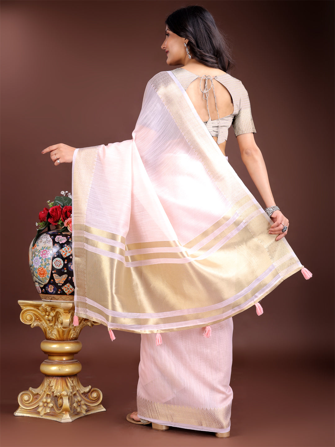 Light Pink Gold Cotton Ready-to-Wear Saree for Women