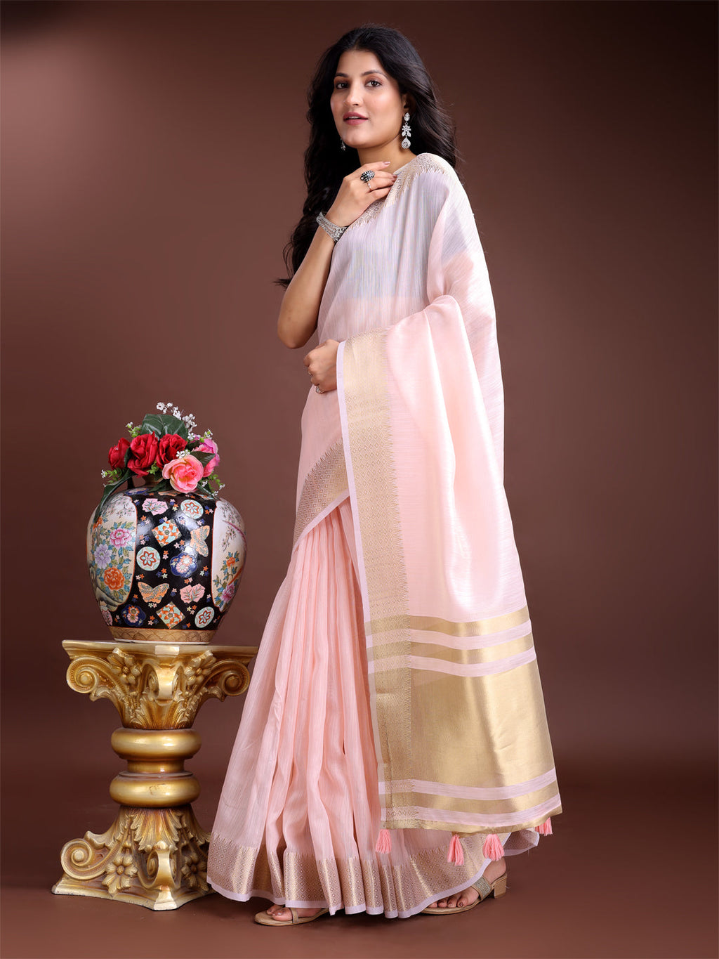 Light Pink Gold Cotton Ready-to-Wear Saree for Women