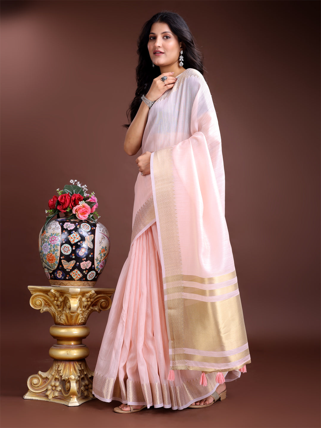 Light Pink Gold Cotton Ready-to-Wear Saree for Women