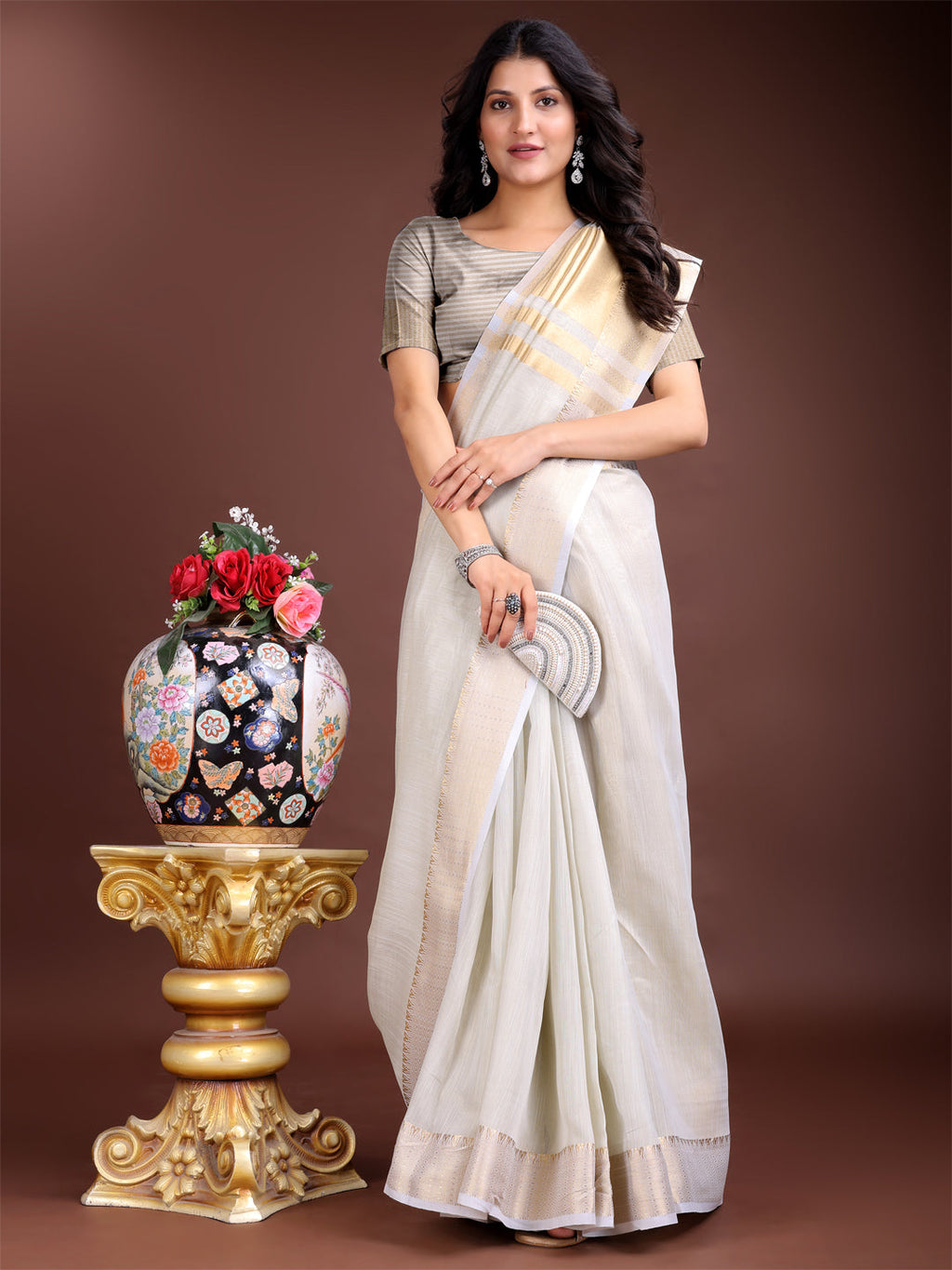 Grey cotton ready-to-wear saree with elegant gold border detail