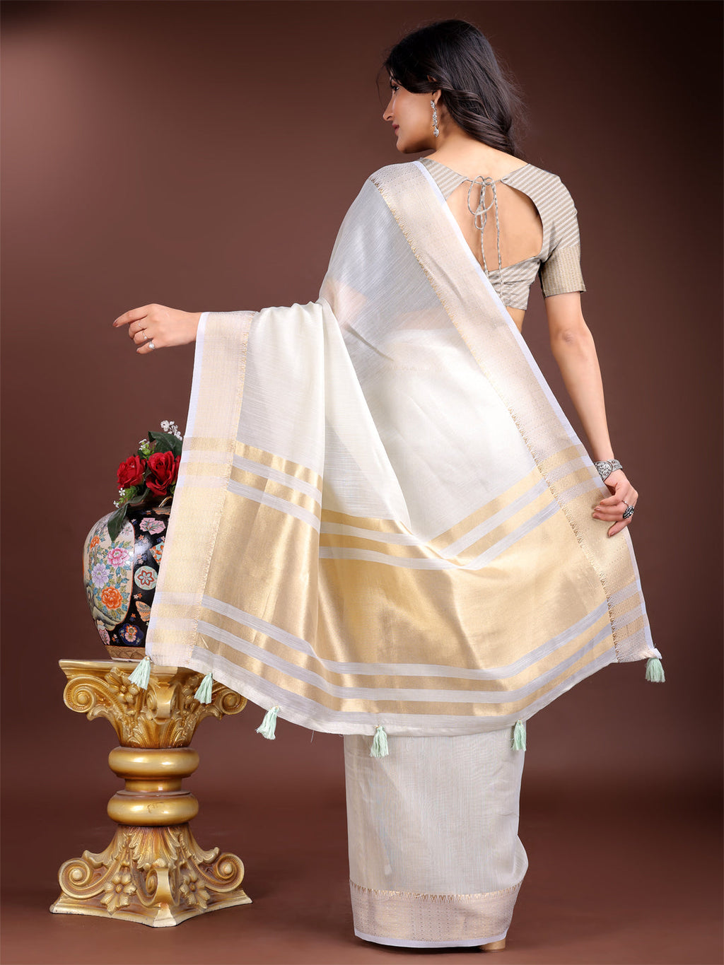 Grey Cotton Ready-to-Wear Saree with Golden Borders