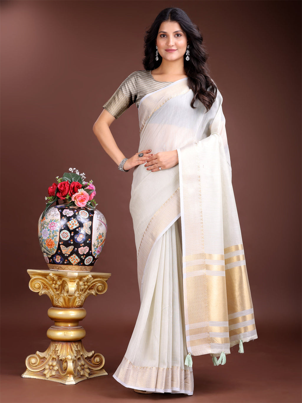 Grey Cotton Ready-to-Wear Saree with Golden Borders