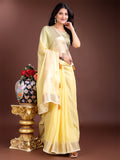 Yellow cotton ready-to-wear saree with gold borders and pre-stitched waist detail