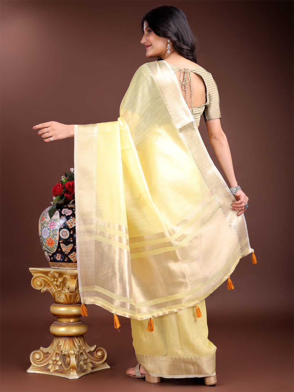 Yellow Gold Cotton Ready-to-Wear Saree with Pre-Stitched Waist