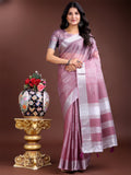 A sophisticated Purple Organza saree with detailed woven zari and traditional pallu tassels.