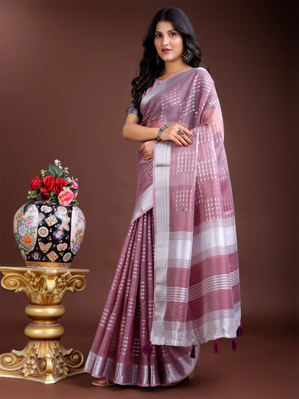 Purple Organza Saree with Traditional Woven Zari and Tassels