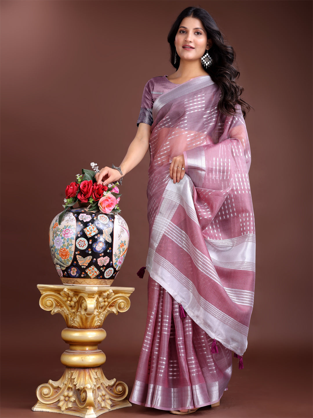 Purple Organza Saree with Traditional Woven Zari and Tassels
