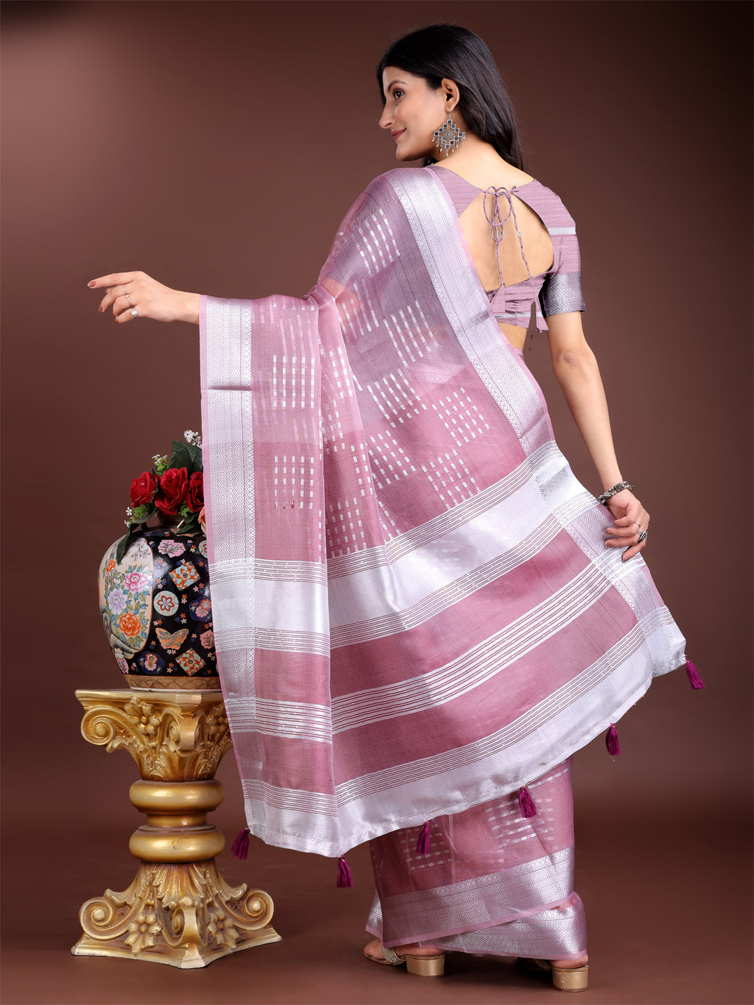 Purple Organza Saree with Traditional Woven Zari and Tassels