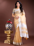 Bright yellow organza saree with intricate woven zari borders and tassels