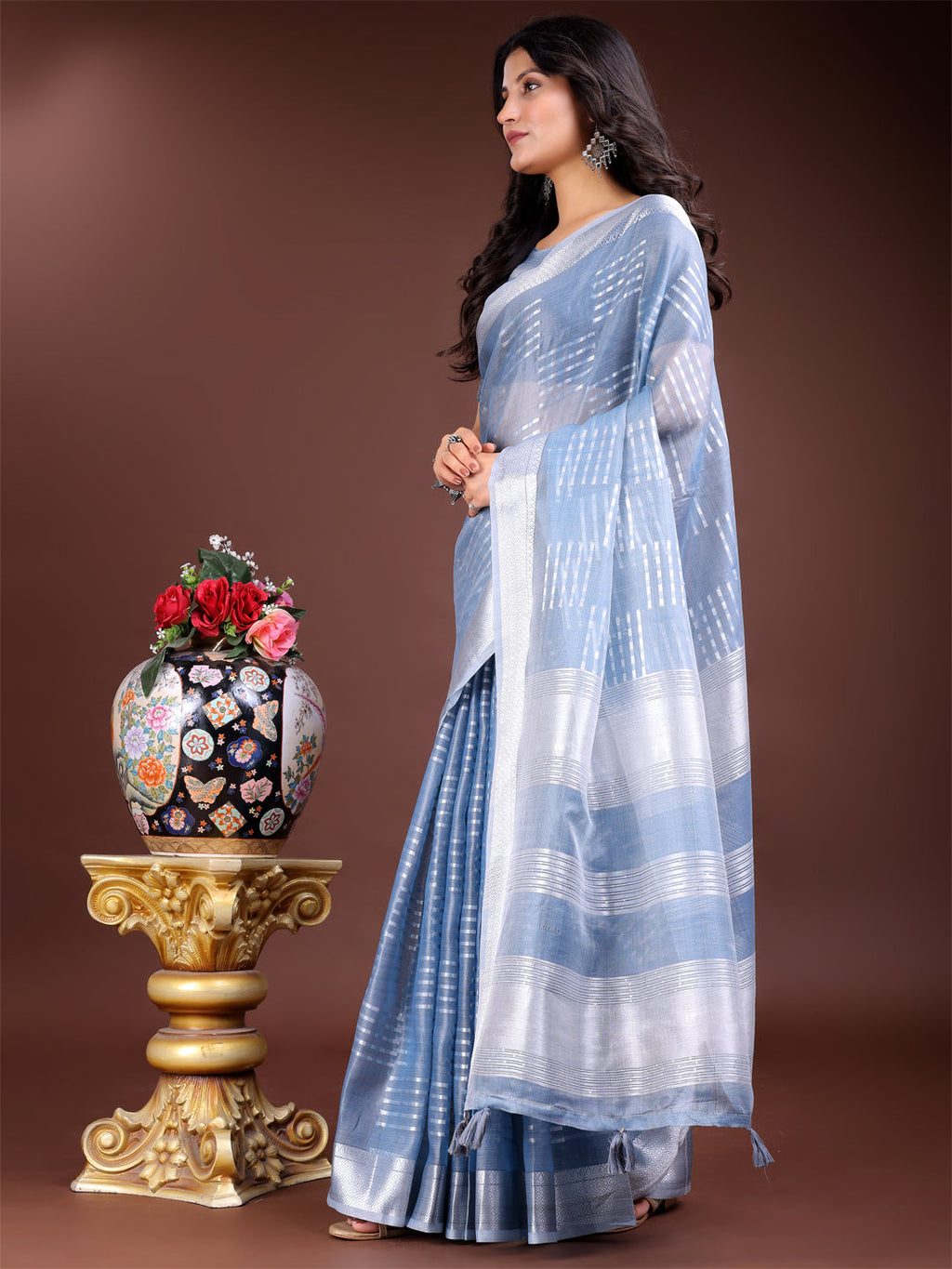 Sky Blue Organza Saree with Woven Zari Work and Tassels