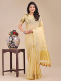 Vibrant yellow organza saree with intricate woven zari work and tassels