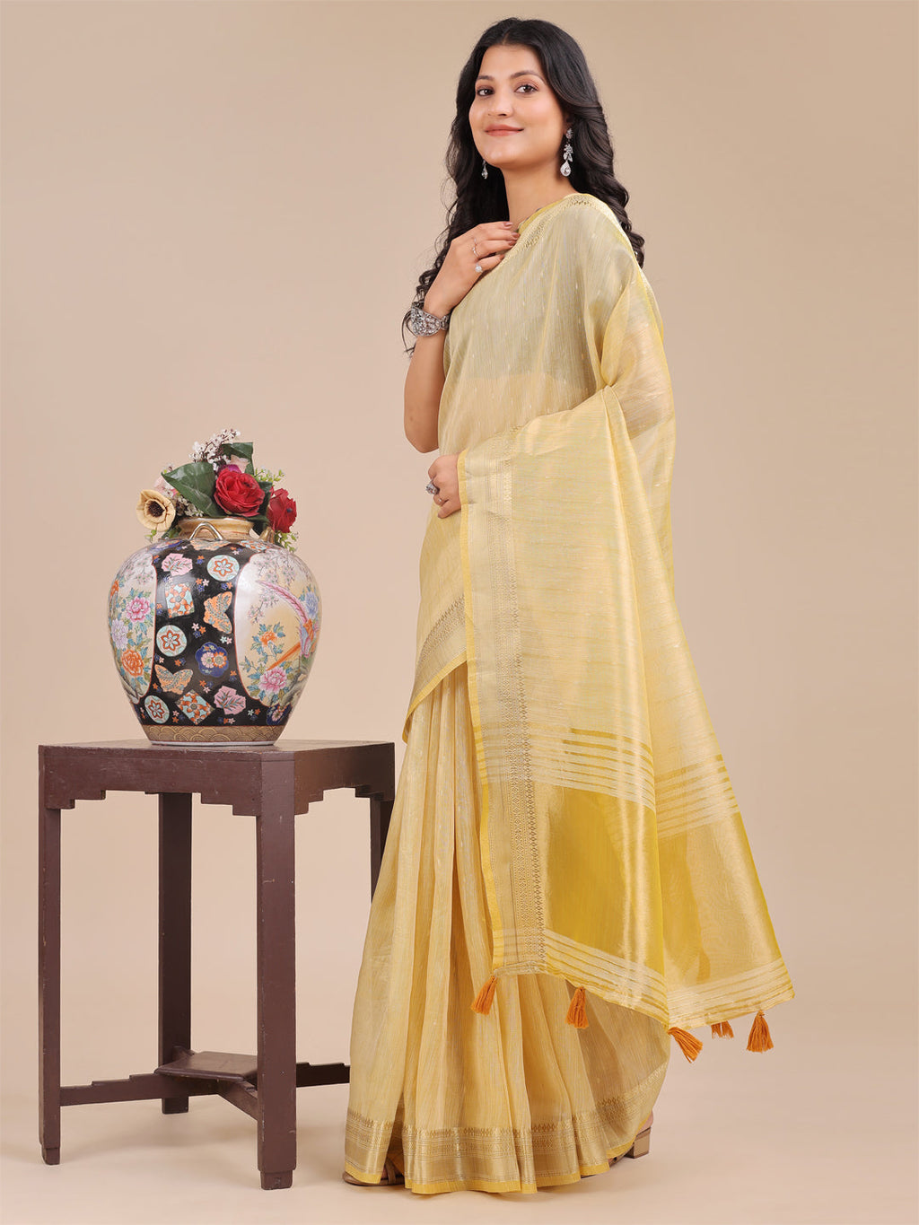 Yellow Organza Woven Zari Saree with Traditional Tassels