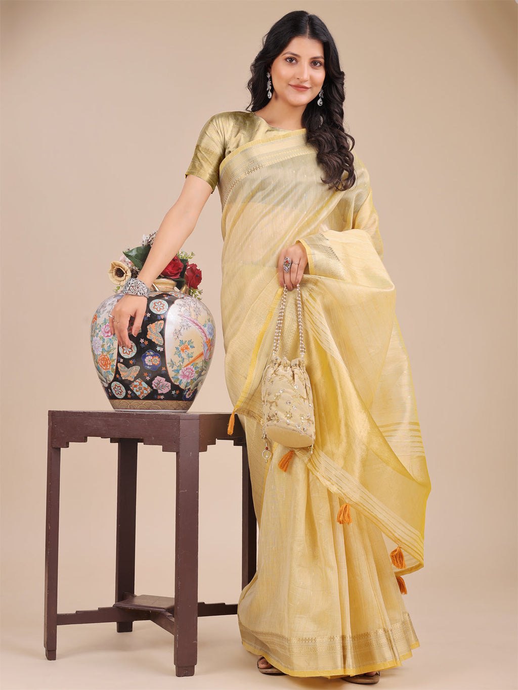 Yellow Organza Woven Zari Saree with Traditional Tassels