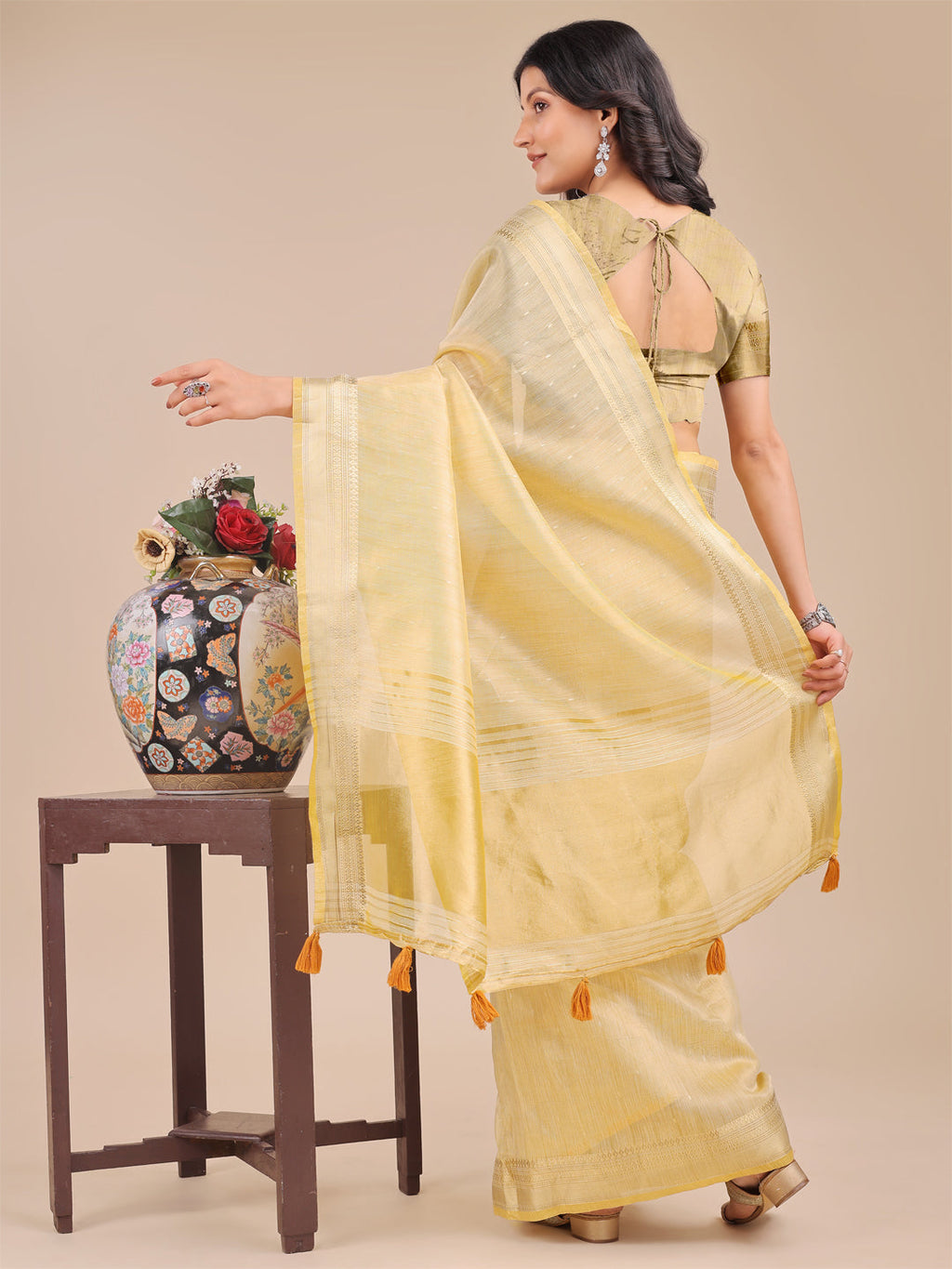 Yellow Organza Woven Zari Saree with Traditional Tassels