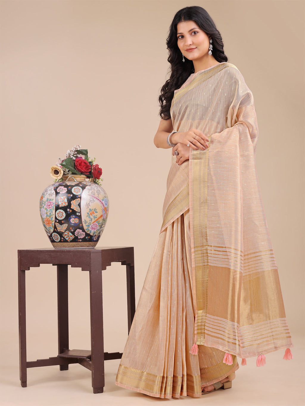 Peach Organza Saree with Traditional Woven Zari and Tassels