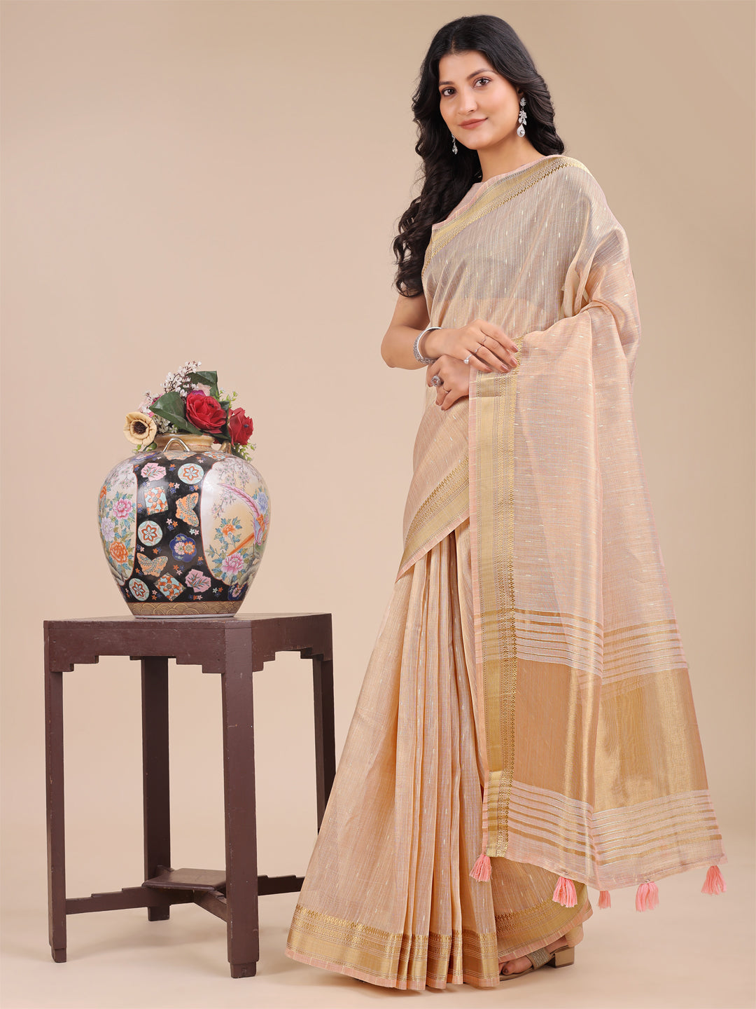 Peach Organza Saree with Traditional Woven Zari and Tassels