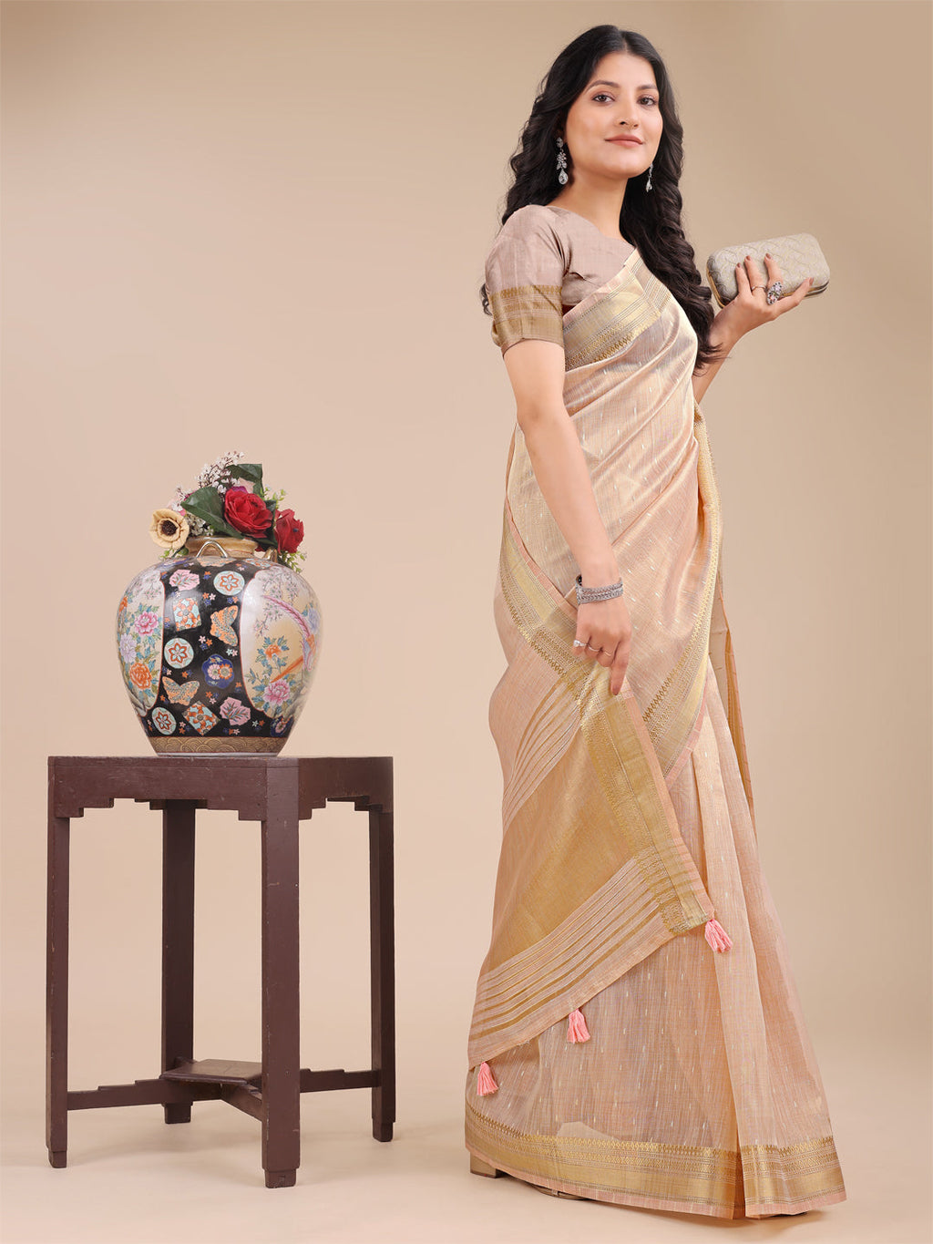 Peach Organza Saree with Traditional Woven Zari and Tassels