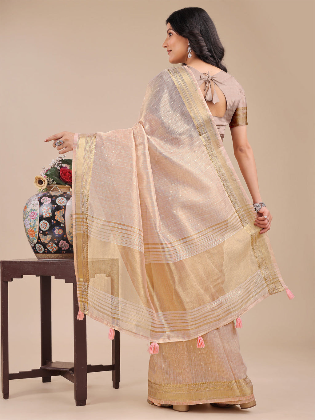 Peach Organza Saree with Traditional Woven Zari and Tassels