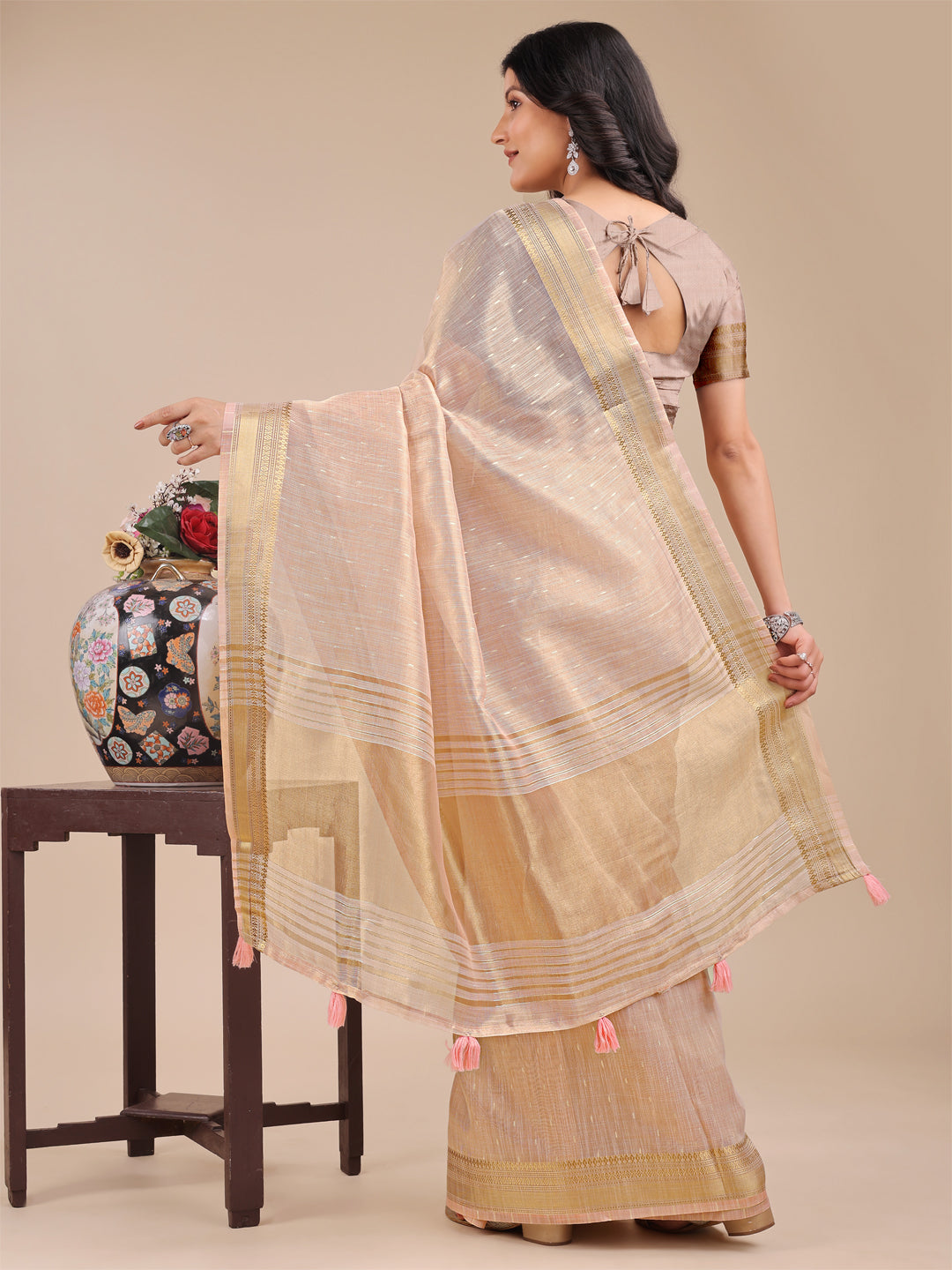 Peach Organza Saree with Traditional Woven Zari and Tassels