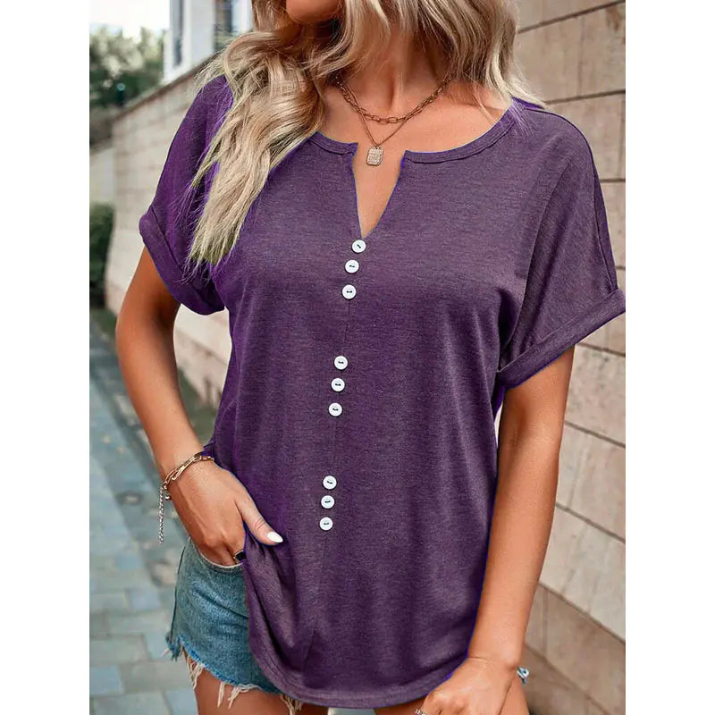Summer V-neck Short Sleeve Button Design Blouse