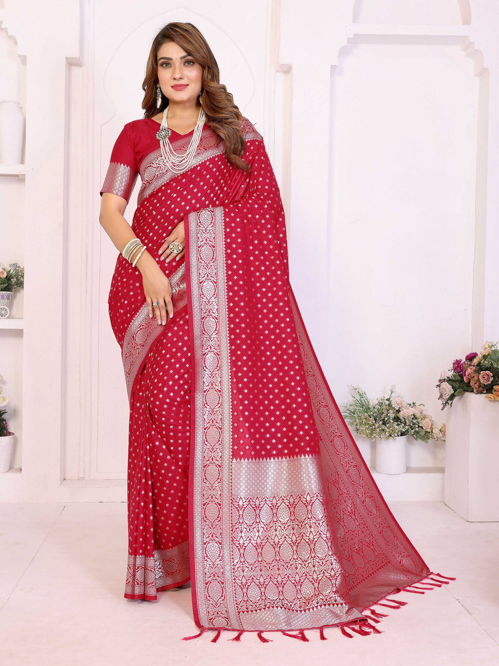 Classic red georgette silk saree with intricate gold zari weaving detail