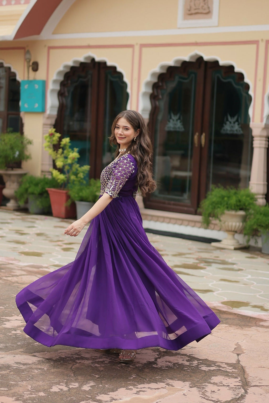 Purple Georgette Gown with Detailed Sequence Embroidery