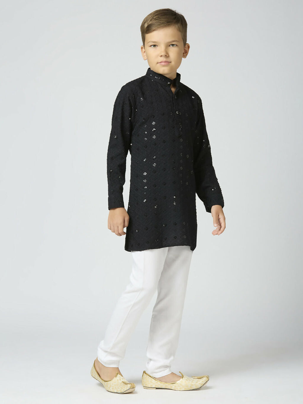 Boys Cotton Kurta and Pyjama Set with Sequin Work - Black