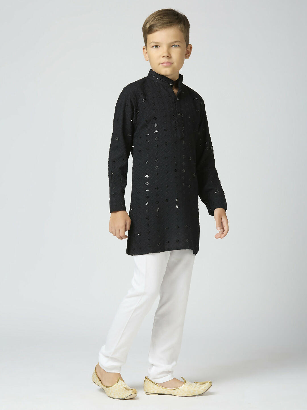 Boys Cotton Kurta and Pyjama Set with Sequin Work - Black