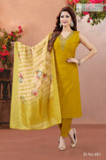 Women mustard V-neck embroidered kurta set in soft silk fabric