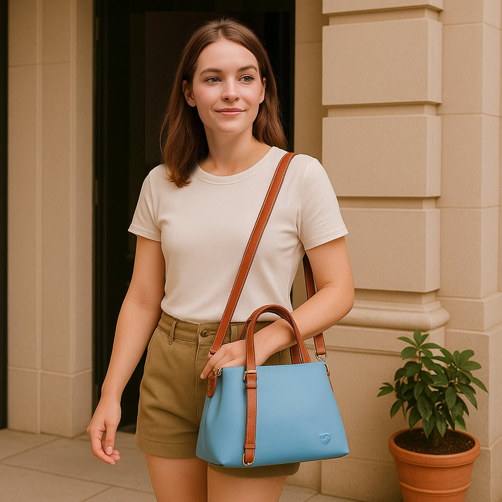 Light Blue Tote Bag with EMF Radiation Protection and Shoulder Strap - Image 3