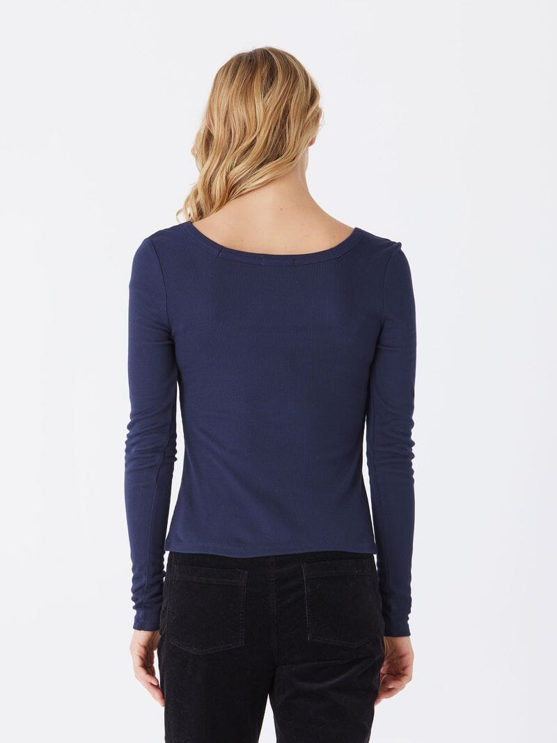 Yvette Feather Rib Long Sleeve Square Neck Top in Navy Blue