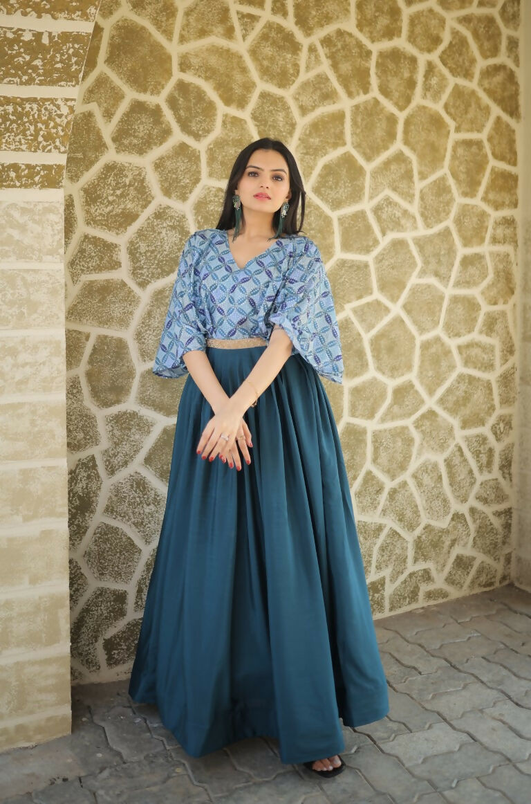 Teal Printed Chinon Anarkali Dress with Sequin Embellishments