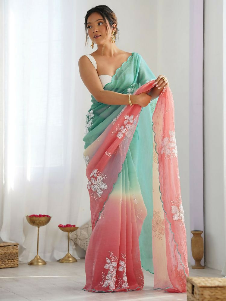 Rama Peach gold crush embroidered saree with matching Roto Banglori blouse