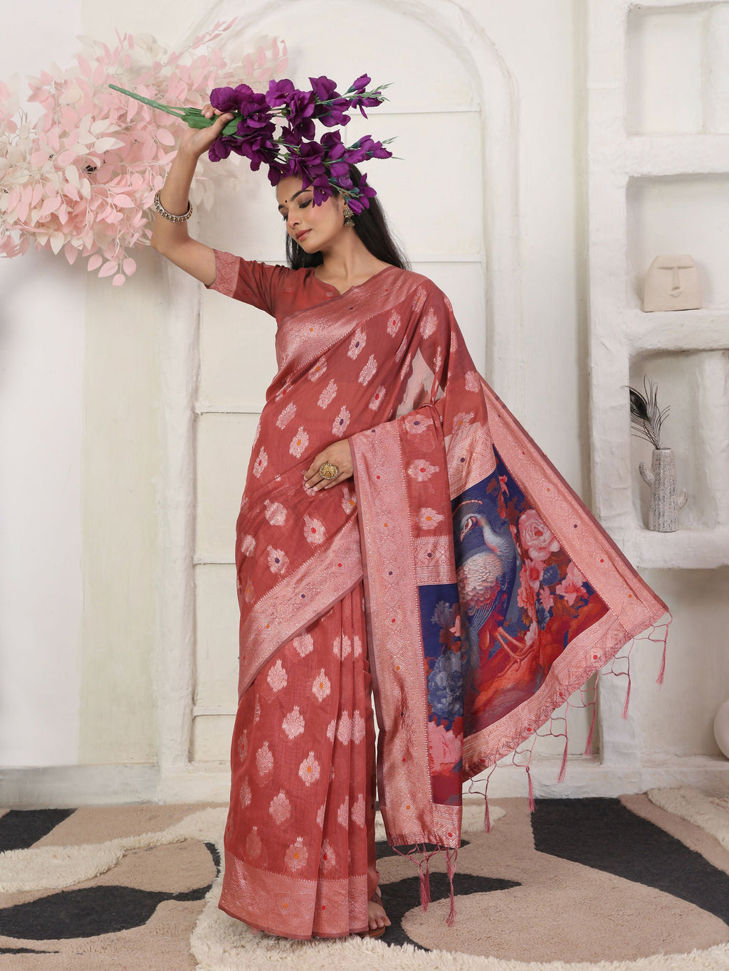 Rust Linen Cotton Saree with Matching Blouse