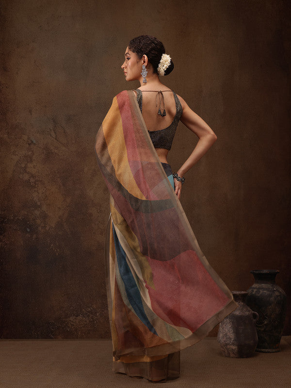 Multicolor Silk Blend Striped Saree with Unstitched Blouse