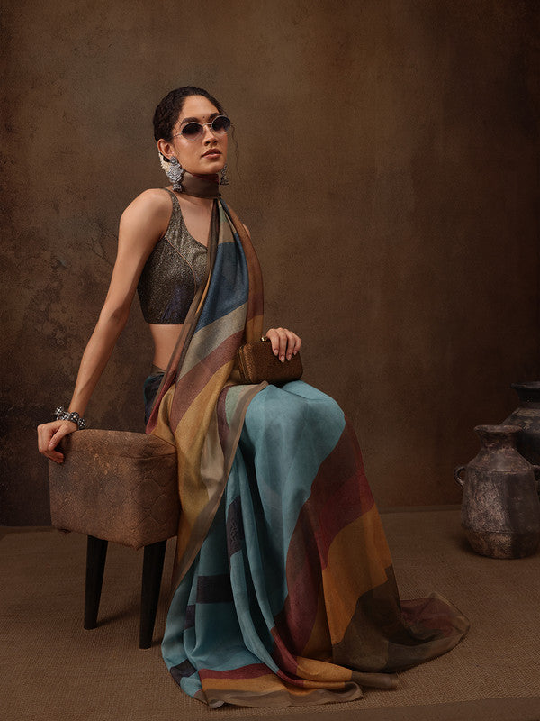 Multicolor Silk Blend Striped Saree with Unstitched Blouse