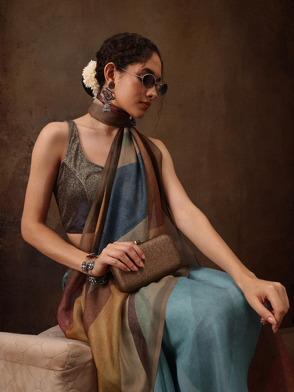 Multicolor Silk Blend Striped Saree with Unstitched Blouse