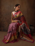Multicolor silk blend saree featuring digital striped print with attached unstitched blouse piece